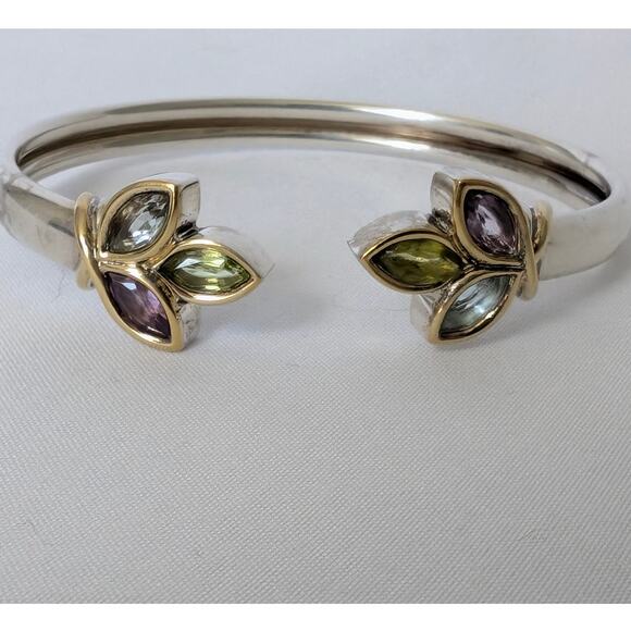 Modena Sterling Silver Bangle Bracelet 7.5" Marquise Natural Gemstones Flexible - Picture 1 of 9